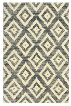 Teppich 160x230 Wohnzimmer Dunkelblau Creme Rautenmuster