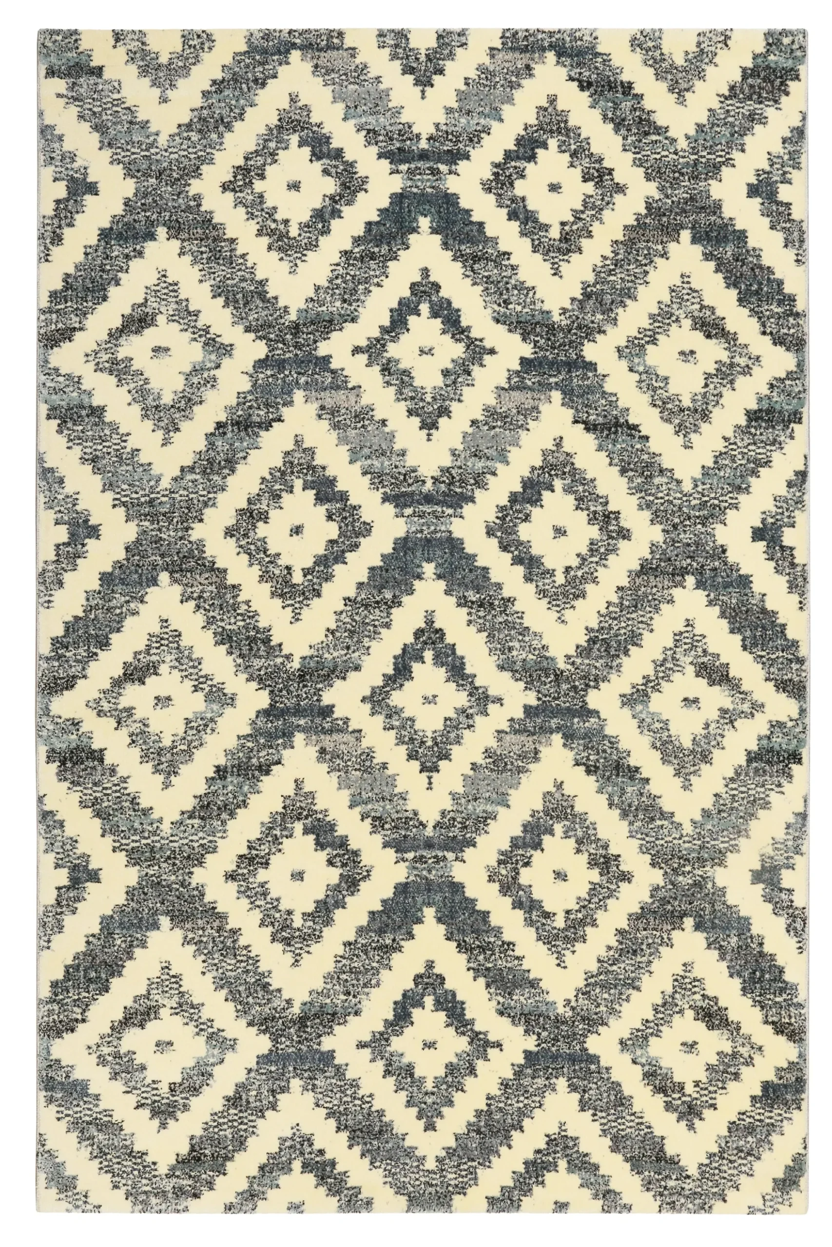 Teppich 160x230 Wohnzimmer Dunkelblau Creme Rautenmuster