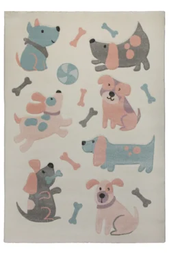 160x230 Teppich Kinderzimmer Beige Hunde Pink Blau