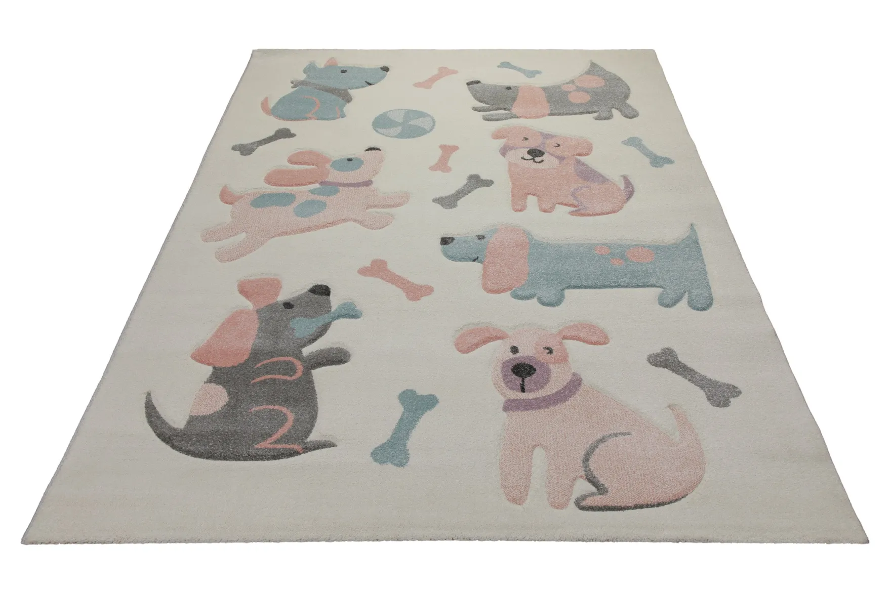 160x230 Teppich Kinderzimmer Beige Hunde Pink Blau