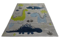 160x230 Teppich Kinderzimmer Grau Beige Dinos Blau Grün