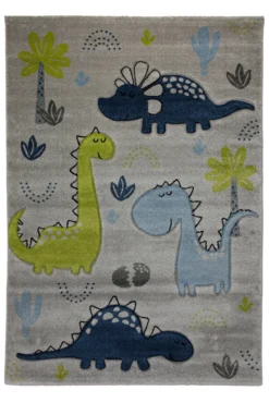 160x230 Teppich Kinderzimmer Grau Beige Dinos Blau Grün