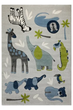 160x230 Teppich Kinderzimmer Grau Blau Tiere
