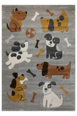 160x230 Teppich Kinderzimmer Grau Hunde Braun Weiß