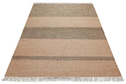 160x230 Teppich Wohnzimmer Apricot trifft Khaki – Naturfaser-Streifenteppich mit Fransen
