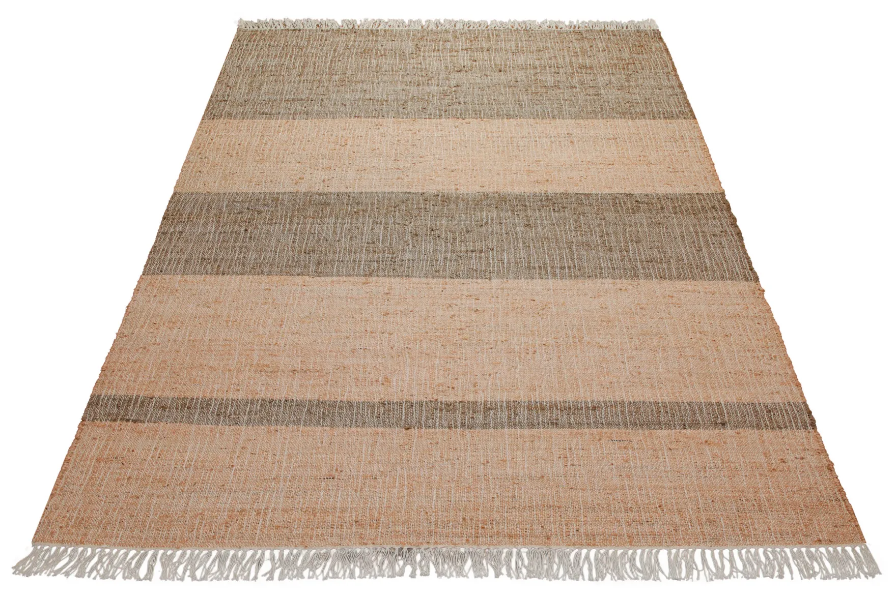 160x230 Teppich Wohnzimmer Apricot trifft Khaki – Naturfaser-Streifenteppich mit Fransen