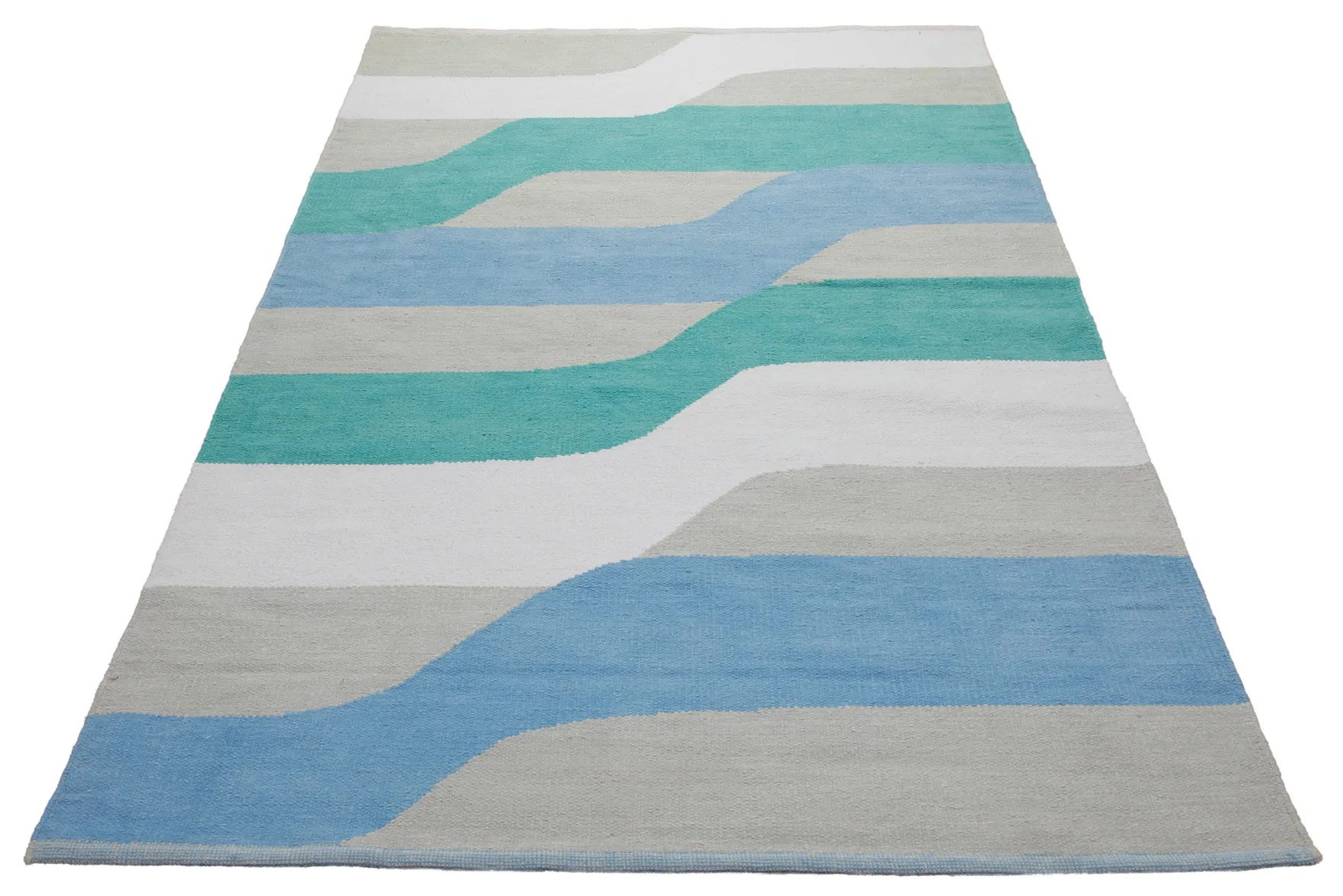 160x230 Teppich Wohnzimmer Aquawellen in Türkis und Hellblau – Skandi-Streifenteppich mit fließenden Bändern