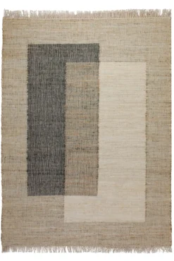 160x230 Teppich Wohnzimmer Architektur in Naturfaser – Helle Mitte mit grafischen Akzentfeldern