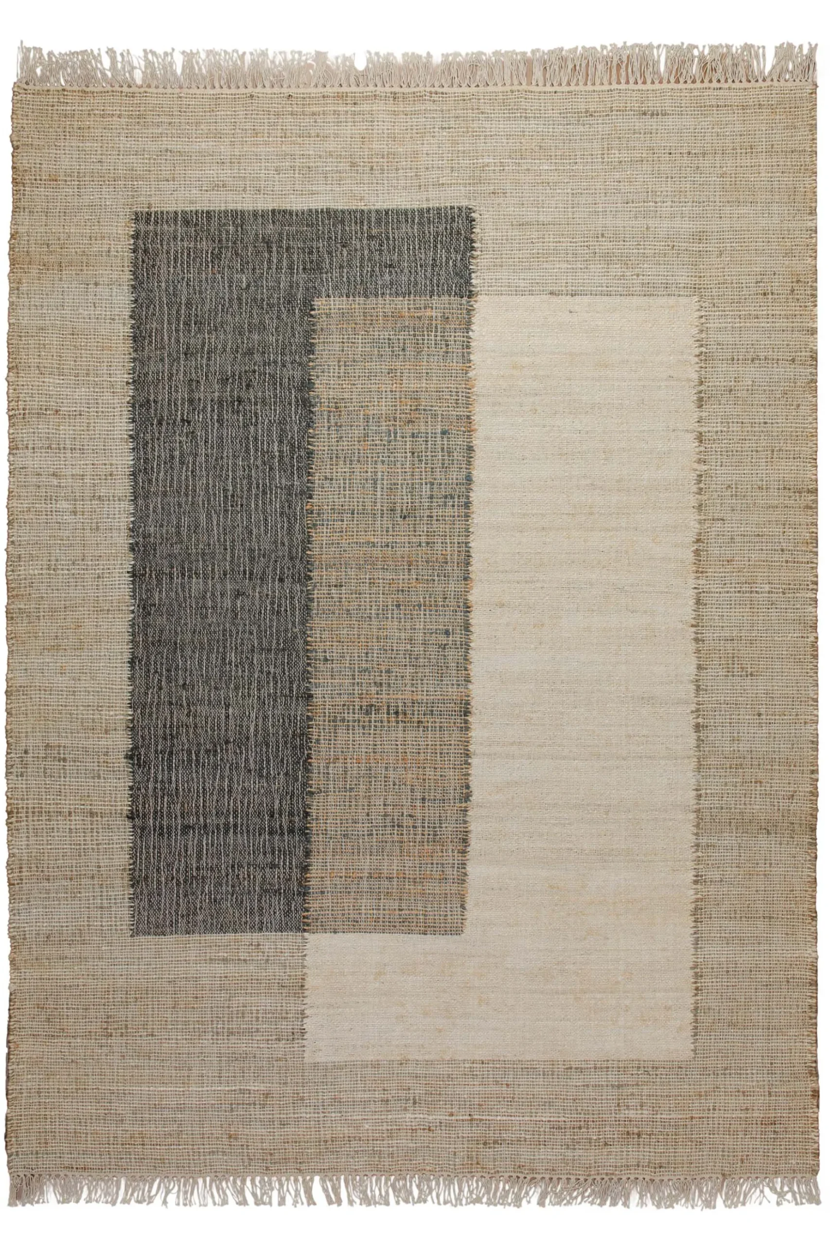 160x230 Teppich Wohnzimmer Architektur in Naturfaser – Helle Mitte mit grafischen Akzentfeldern