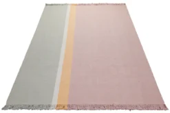 160x230 Teppich Wohnzimmer Salbei trifft Rosé – Pastell-Color-Block aus Wolle mit Fransen