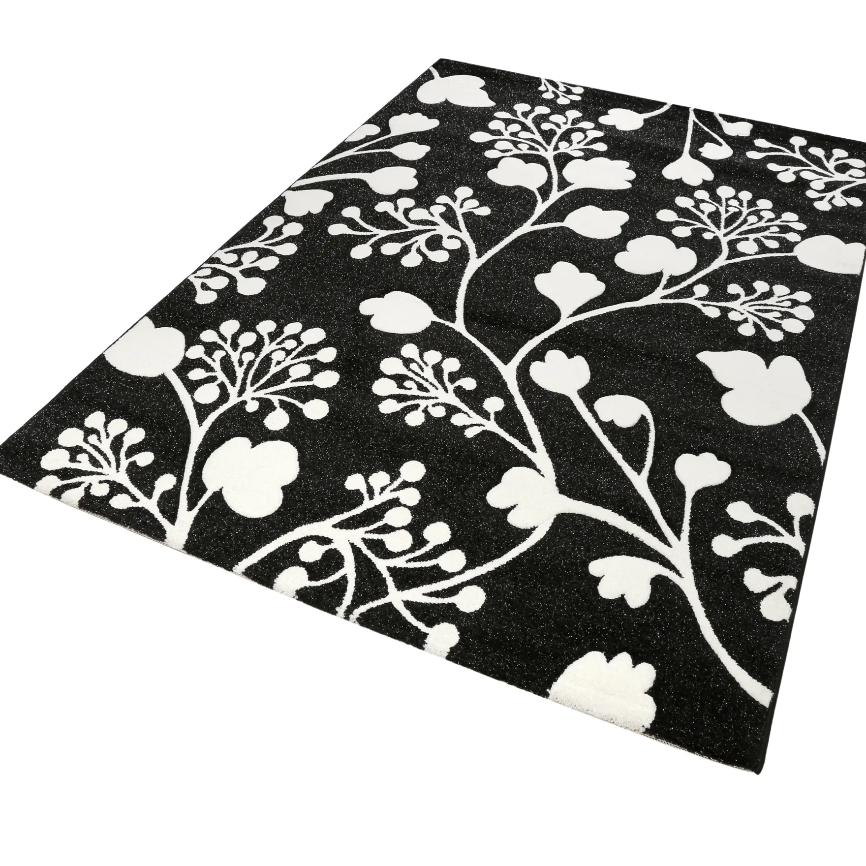 160x230 Teppich Wohnzimmer Schwarz Blumen Weiß
