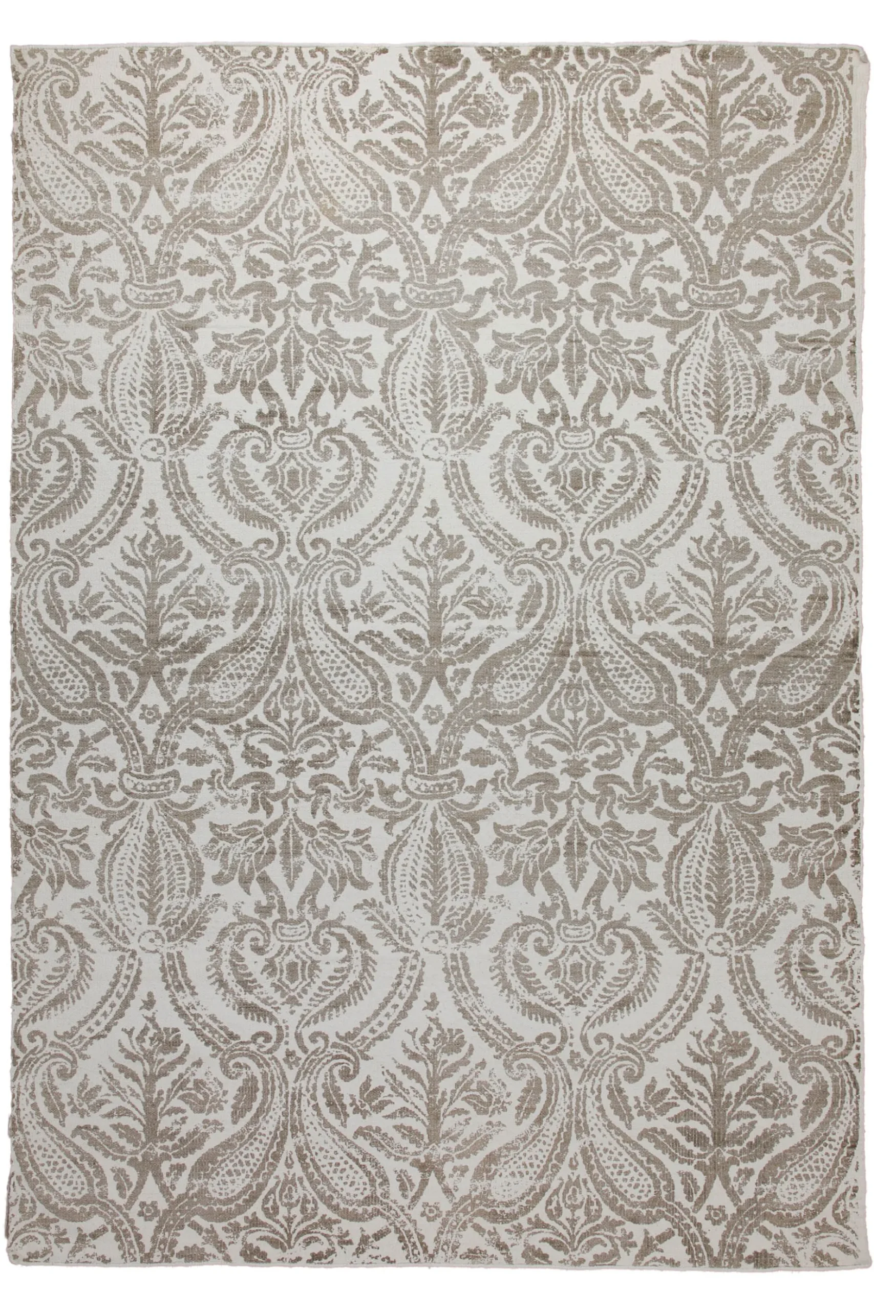 160x230 Teppich Wohnzimmer Verblasster Damast in Greige – Vintage-Print mit Patina