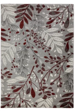160x230 Teppich Wohnzimmer Zweige Grau Rot